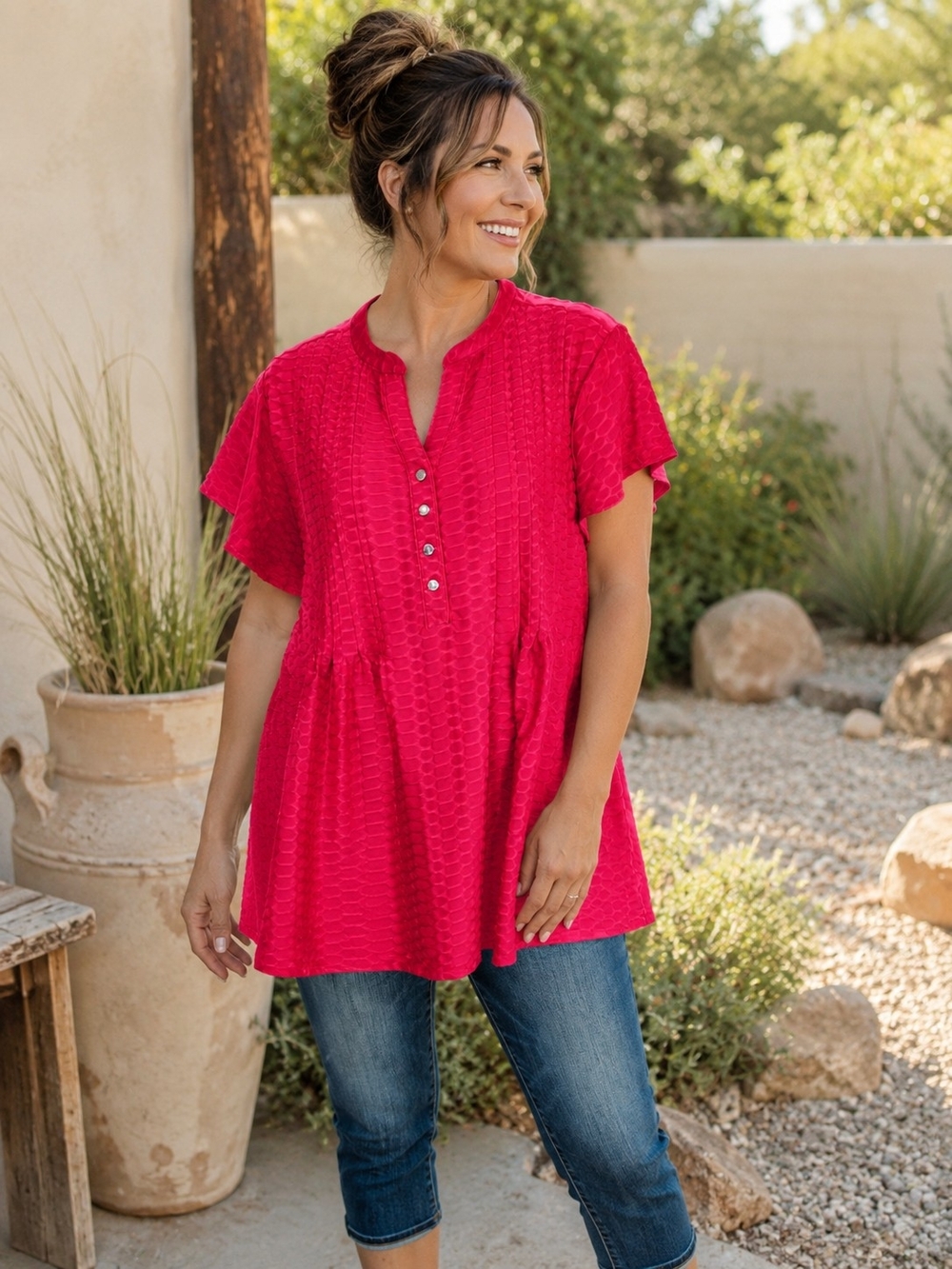 Roz & Ali Red Textured Tunic Top 2X Short Sleeve Stretch Plus Size